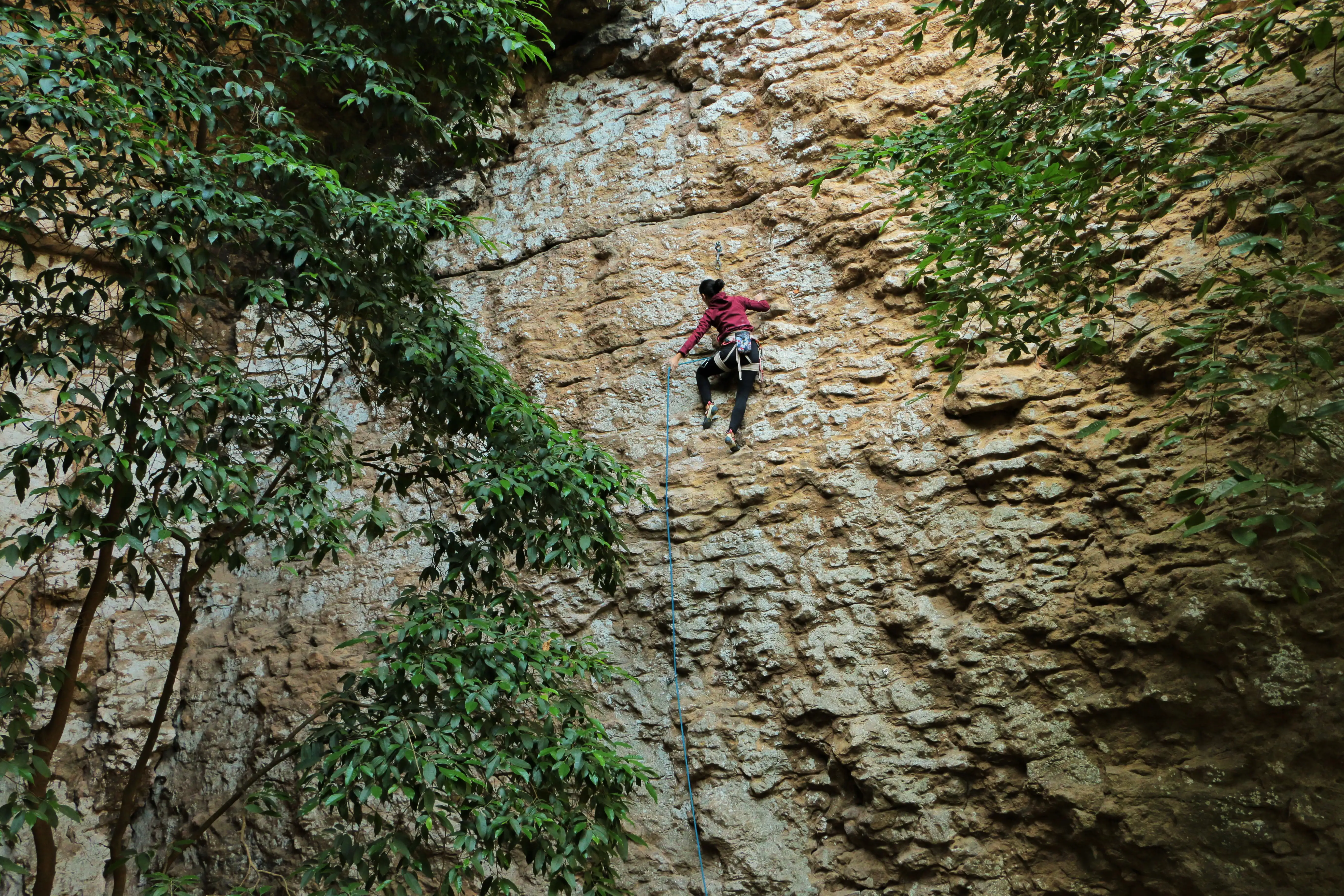 Sofia escalando en pared de Chiapas